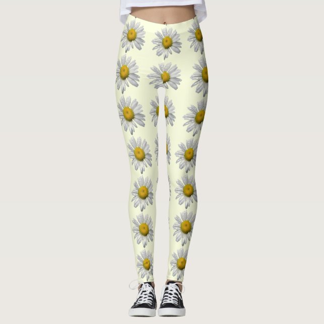 Floral White and Yellow Daisy Flower Leggings (Front)