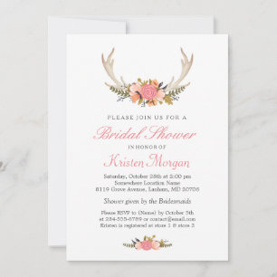 Floral White Antler Boho Chic Bridal Shower Invitation