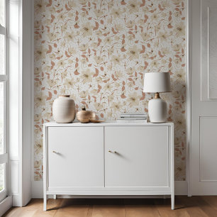Floral White Beige Lily Botanical Pattern Wallpaper