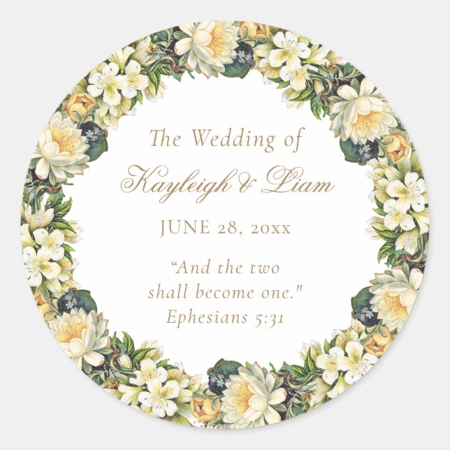Floral White Bible Verse Christian Wedding Classic Round Sticker (Front)