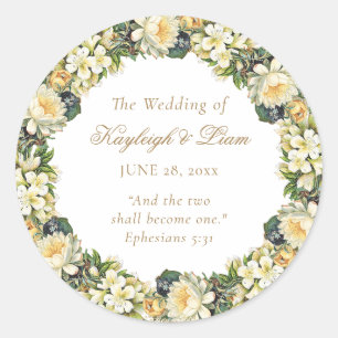 Floral White Bible Verse Christian Wedding Classic Round Sticker