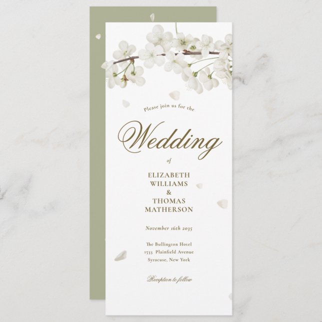 Floral White Blossom Gold Script Wedding Invitation (Front/Back)