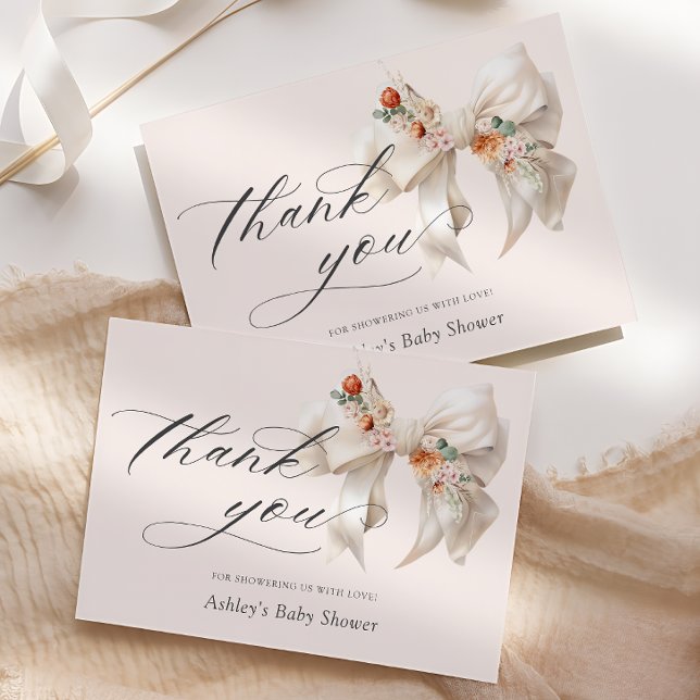Floral White Bow Elegant Baby Shower Thank You Card (Creator Uploaded)