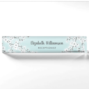 Floral White Cherry Blossom Mint Desk Name Plate