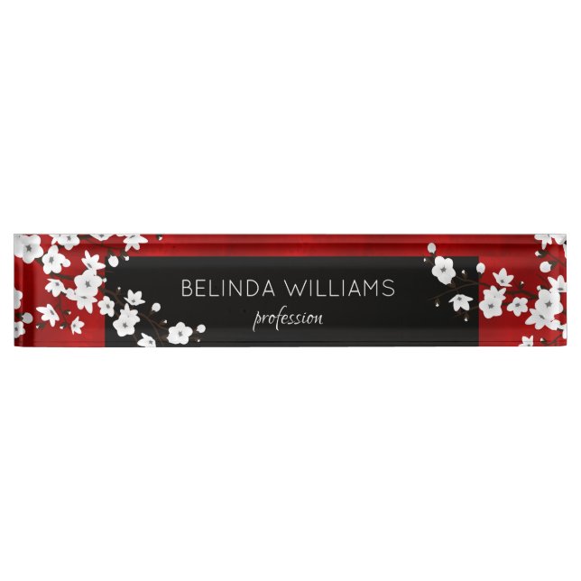 Floral White Cherry Blossom Red Black Salon Nameplate (Front)