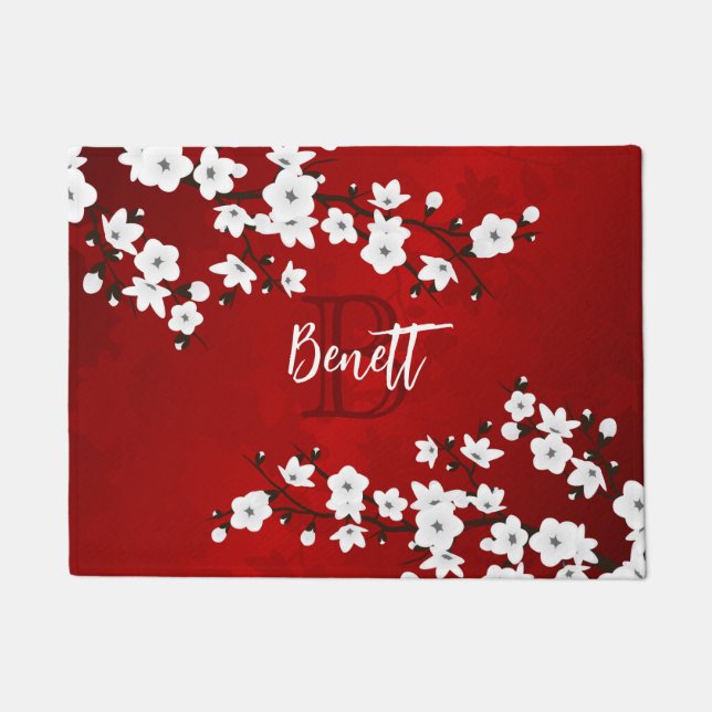 Floral White Cherry Blossom Red Monogram Add Name Doormat (Front)