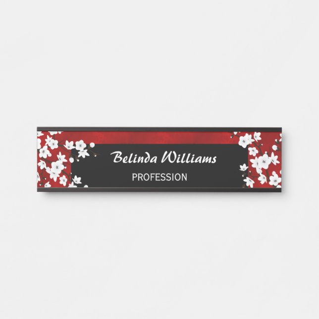 Floral White Cherry Blossom Red  Office Door Sign (Front)