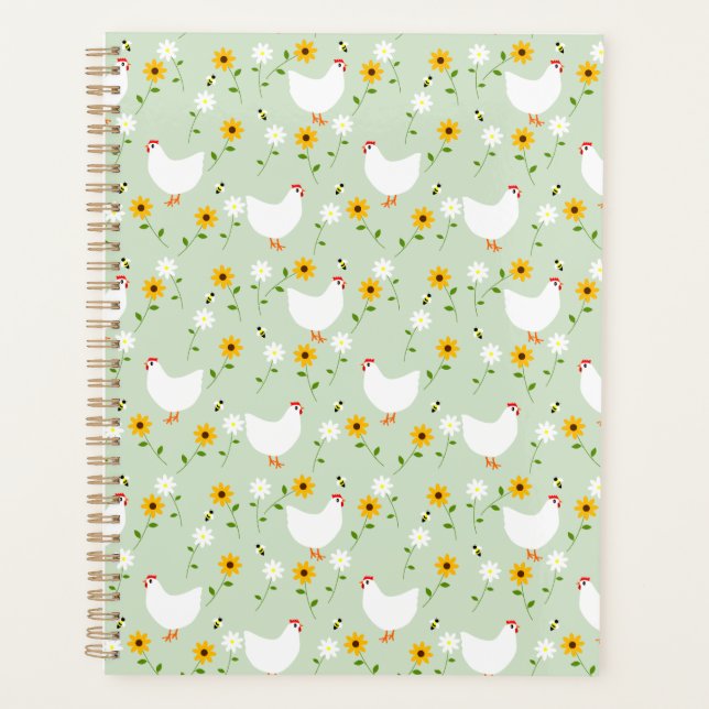 Floral White Chickens on Green Planner (Front)