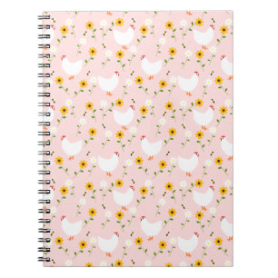 Floral White Chickens on Pink Notebook