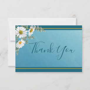 Floral White Daisies Teal Elegant Wedding Thank You Card