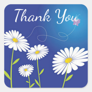 Floral White Daisy Flowers Blue Butterfly Square Sticker