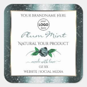 Floral White Dark Teal Glitter Product Labels Logo
