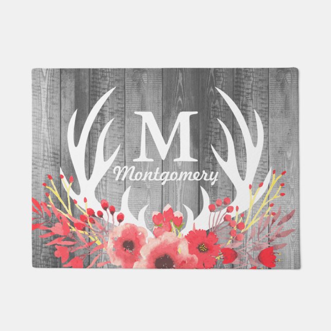 Floral White Deer Antlers & Grey Wood Planks Doormat (Front)