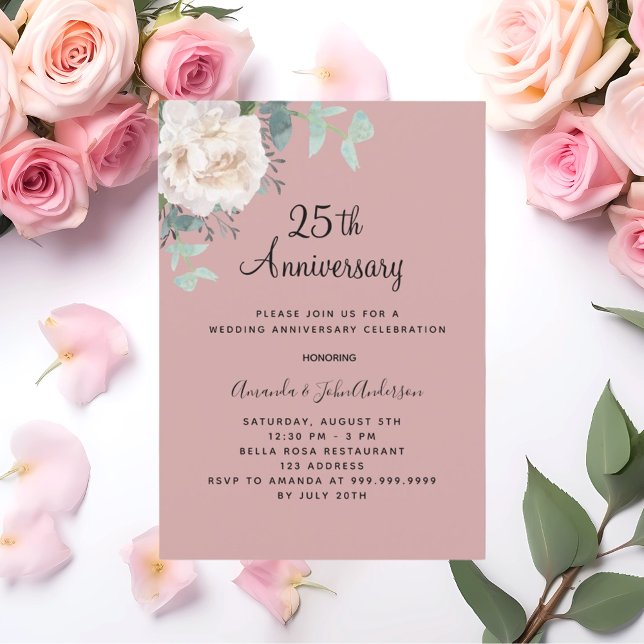 Floral white dusty rose 25th wedding anniversary invitation (Creator Uploaded)