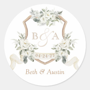Floral White Elegant Greenery Crest Envelope Classic Round Sticker