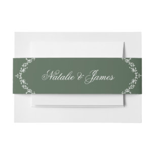 Floral White Emerald Green Old Money Fancy Wedding Invitation Belly Band
