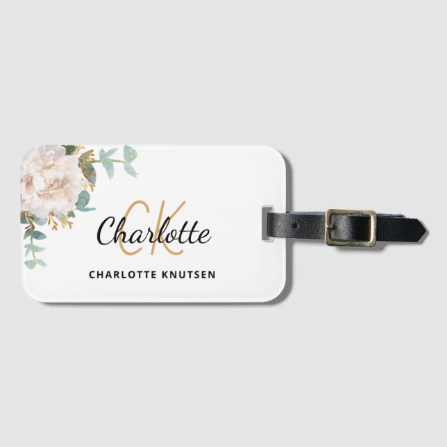 Floral white eucalyptus monogram name luggage tag (Front Horizontal)