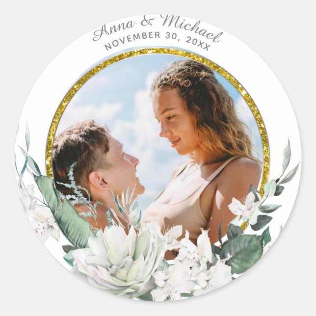*~* Floral White Flowers Wedding PHOTO Balloon Classic Round Sticker (Front)
