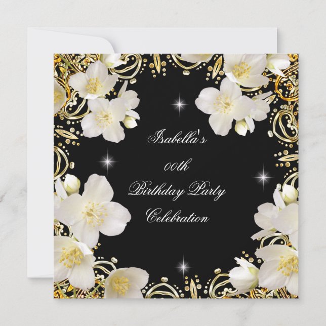 Floral White Gold Black Elite Women's Birthday Invitation (Front)
