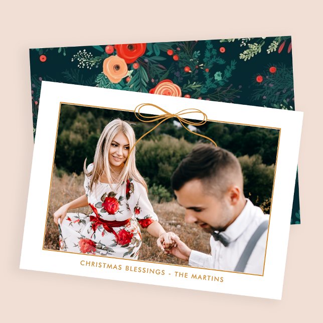Floral White Gold Holiday Bow Photo Christmas  Card (Creator Uploaded)