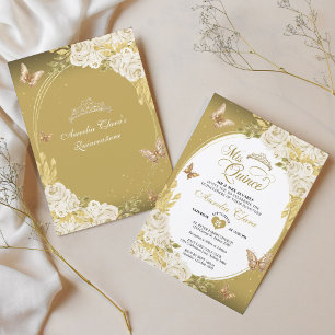 Floral White Gold Tiara Butterfly Mis Quinceañera Invitation