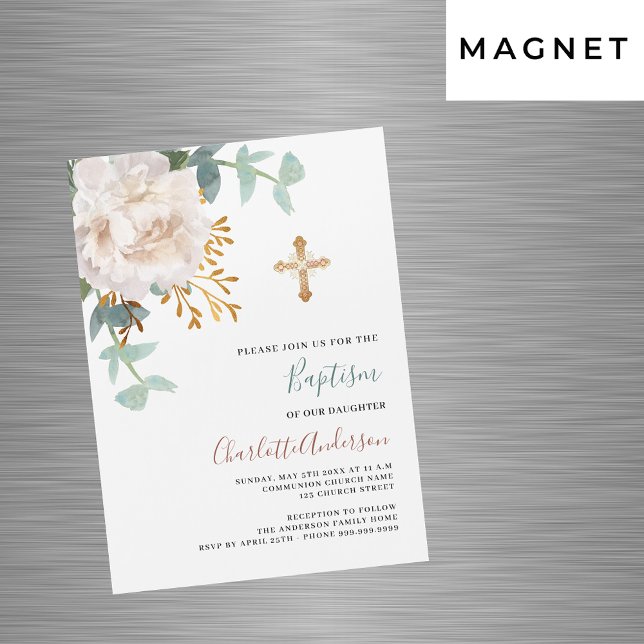 Floral white greenery gold cross luxury baptism magnetic invitation (Creator Uploaded)
