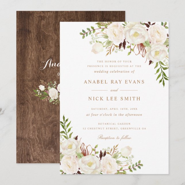 Floral White Greenery Rustic Wood Wedding Invitation (Front/Back)