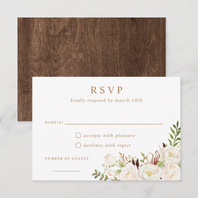 Floral White Greenery Rustic Wood Wedding RSVP Invitation (Front/Back)