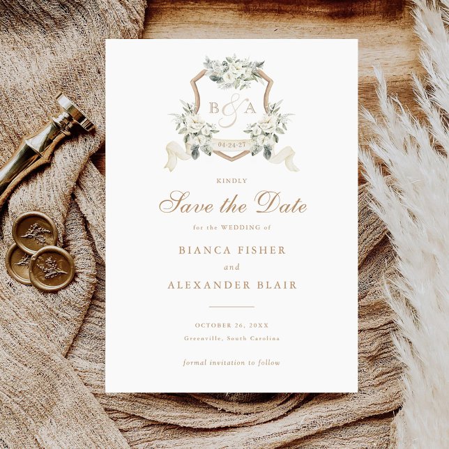 Floral White Greenery Sage Crest Save the Date Invitation (Creator Uploaded)