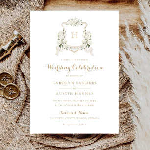 Floral White Hydrangea Crest Gold Monogram Wedding Invitation