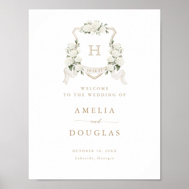 Floral White Hydrangea Crest Monogram Welcome Sign (Front)