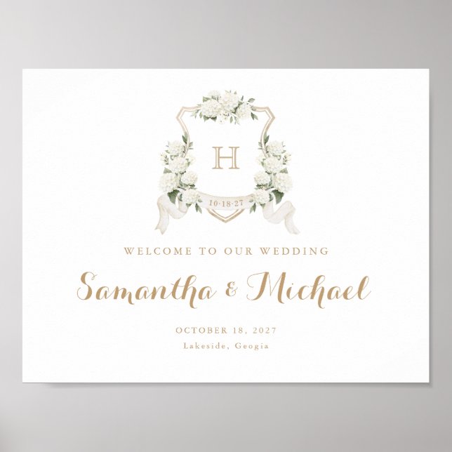 Floral White Hydrangea Crest Monogram Welcome Sign (Front)