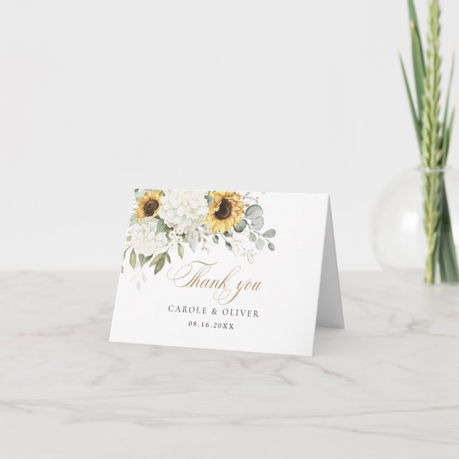 Floral White Hydrangea Sunflowers Greenery Wedding Thank You Card (Front)