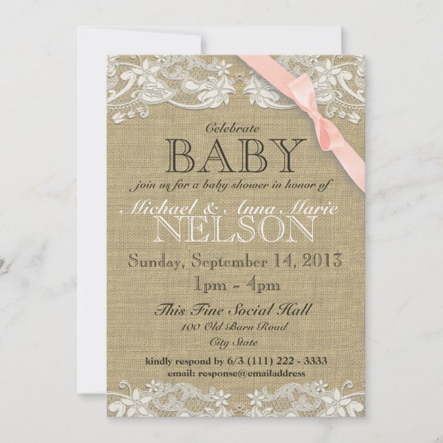 Floral White Lace and Bow Baby Shower Blush Pink Invitation (Front)