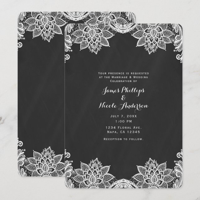 Floral White Lace Black Chalkboard Country Wedding Invitation (Front/Back)