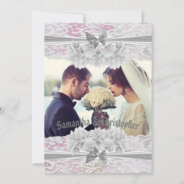 Floral white lace wedding photo invitation (Back)