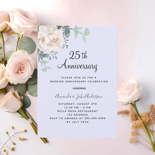 Floral white lavender 25th wedding anniversary invitation (Creator Uploaded)