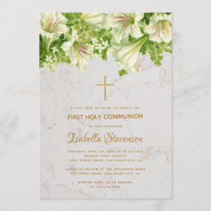 Floral White Lilies Marble First Holy Communion Invitation