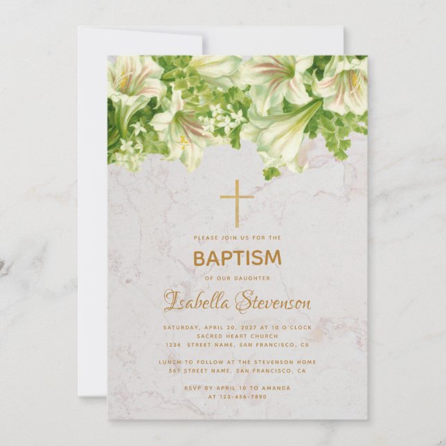Floral White Lilies Marble Gold Cross Baptism Invitation (Front)