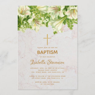 Floral White Lilies Marble Gold Cross Baptism Invitation