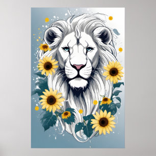Floral White Lion Poster - Safari Wildlife Art