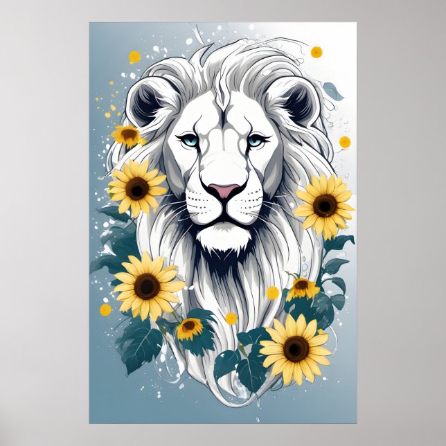 Floral White Lion Poster - Safari Wildlife Art (Front)
