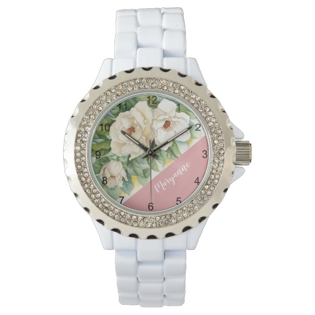 Floral White Magnolia Add Name Watercolor Wrist Watch (Front)