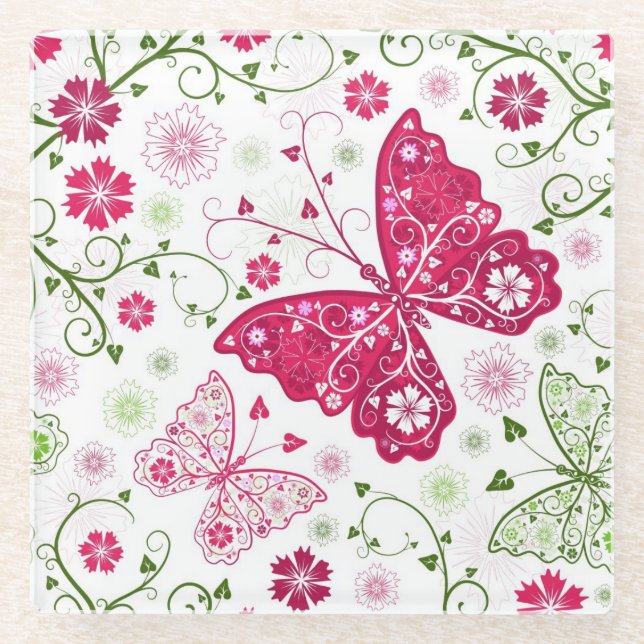 Floral White Pattern Glass Coaster (Front)