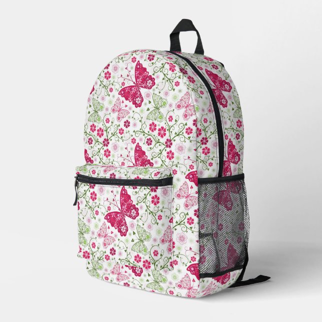 Floral White Pattern Printed Backpack (Back Corner Right)