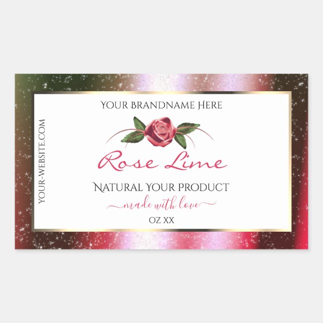 Floral White Product Labels Green and Pink Glitter (Front)