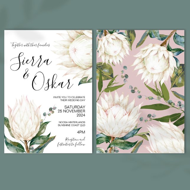 Floral White Protea Native Flowers Wedding Invitation (Creator Uploaded)