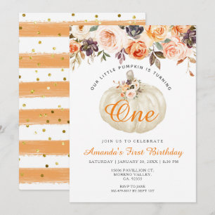 Floral White Pumpkin 1st Birthday Invitation