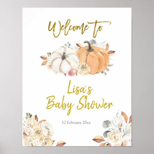 Floral White Pumpkin Baby Shower Welcome Poster (Front)