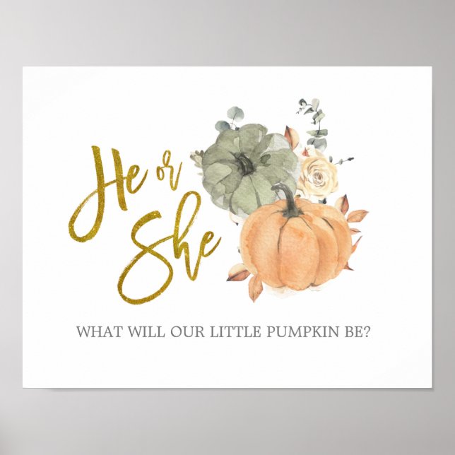Floral White Pumpkin Gender Reveal He or She Poster (Front)